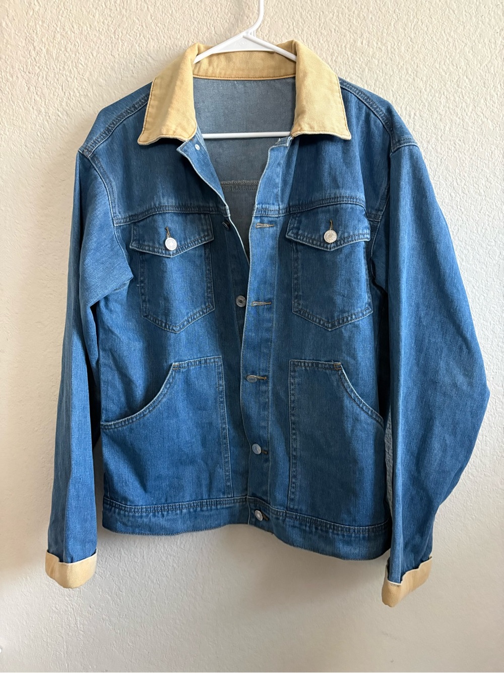Oversized Blue Denim Jacket with Contrast Tan Collar - Women